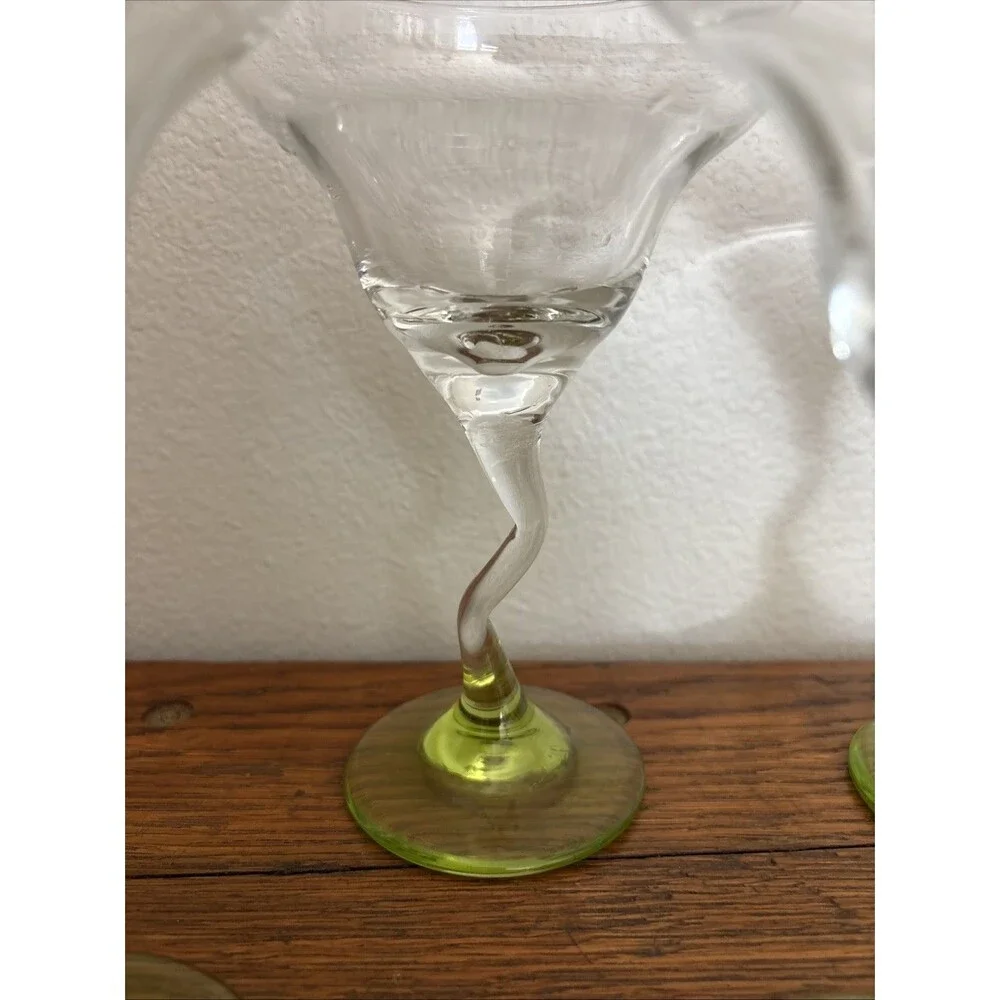 Vintage Libbey zig zag margarita glasses HAND BLOWN 10 Oz GREEN WAVE STEM 7